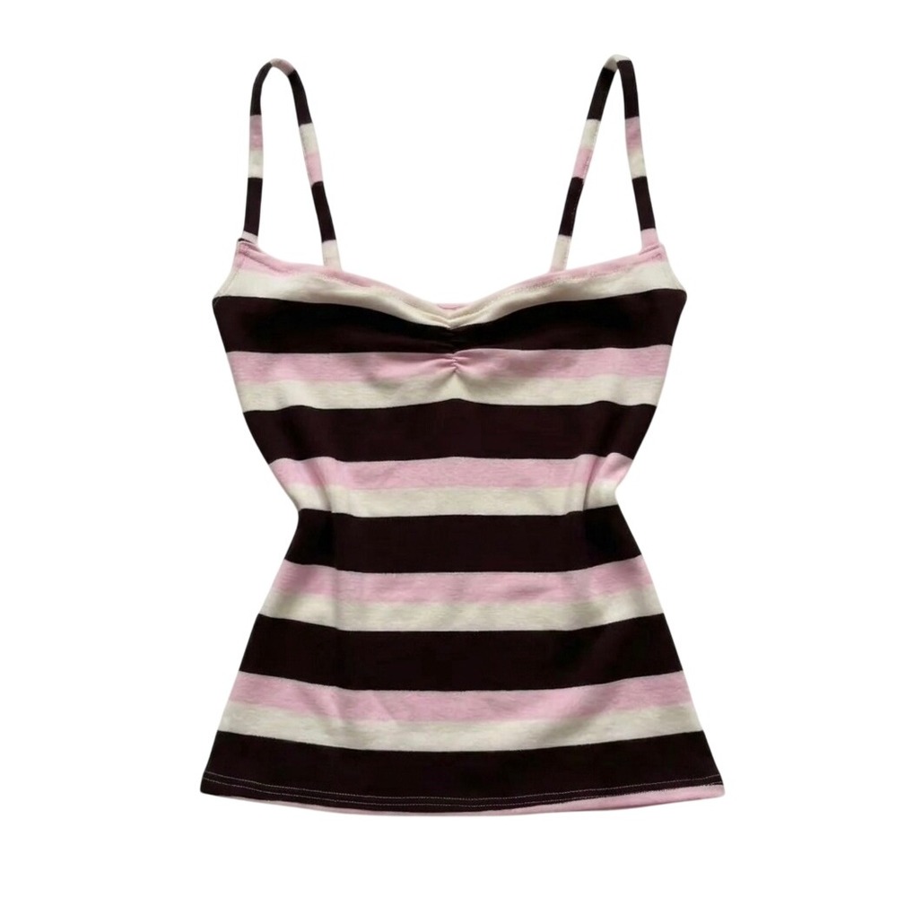 Vintage Striped Camisole Tank Top Brown Pink Cream Y2K Ribbed Sweetheart Cami